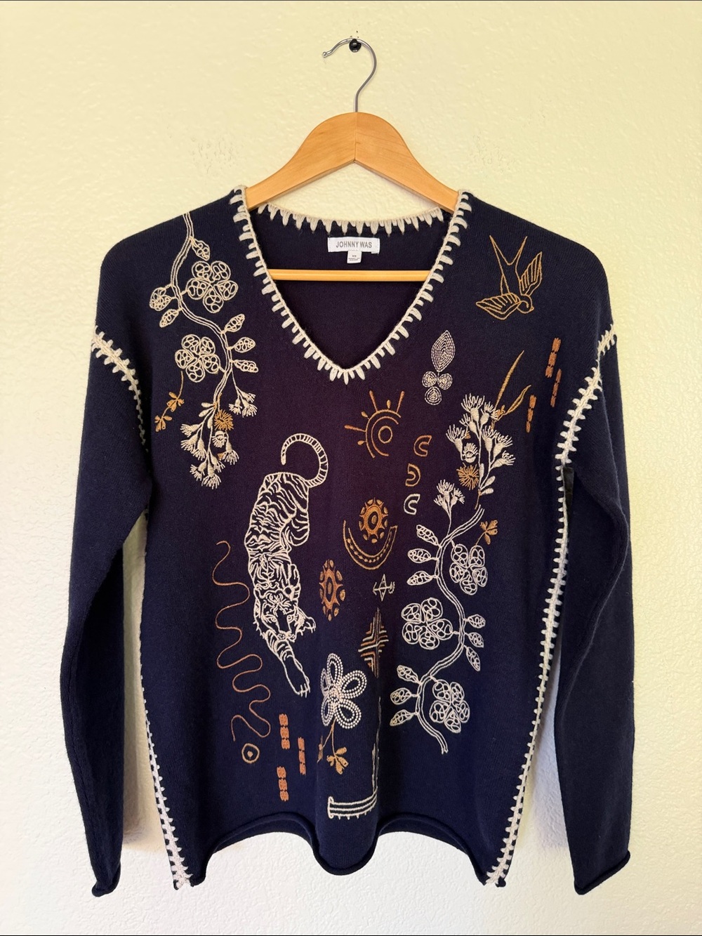 Johnny Was Navy V-Neck Sweater with Cream & Gold Embroidery